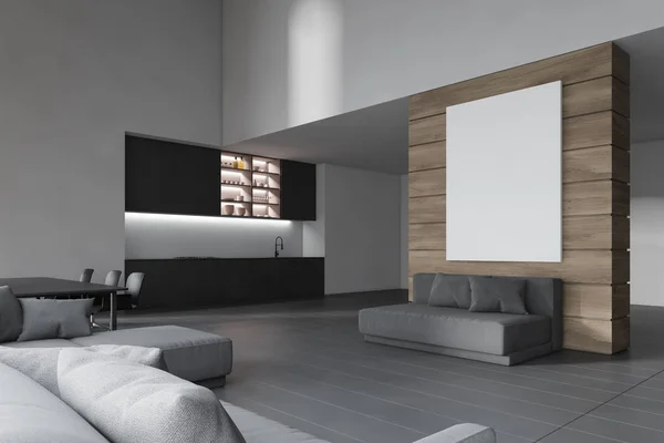 Witte woonkamer en keuken met poster — Stockfoto