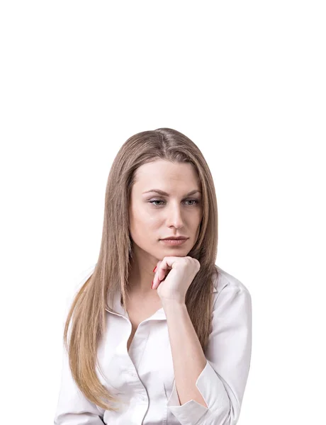 Thoughtful blond caucasian businesswoman, isolated — Stock Photo, Image