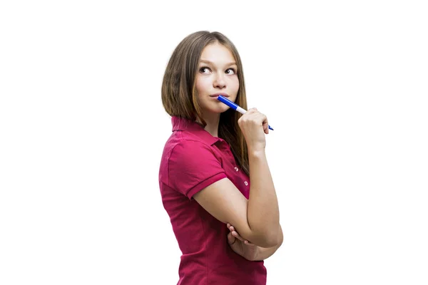 Mujer joven casual reflexiva con marcador aislado — Foto de Stock