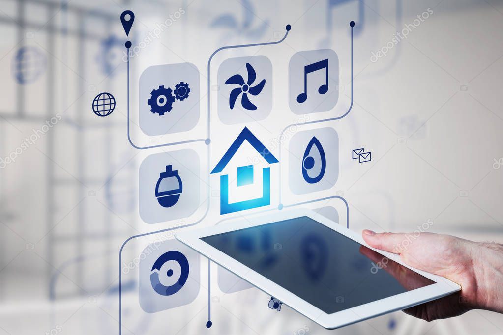 Man hand with tablet, smart home icons