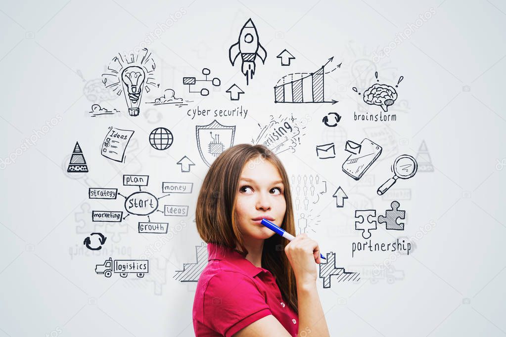 Pensive teen girl with marker, business plan