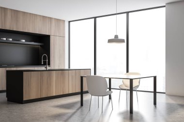 Gri ve ahşap mutfak köşesi, ada ve masa