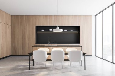 Gri ve ahşap mutfak iç, ada ve masa