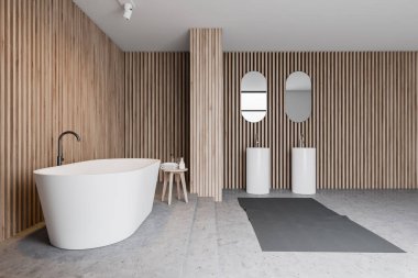 Ahşap banyo iç, küvet ve çift lavabo