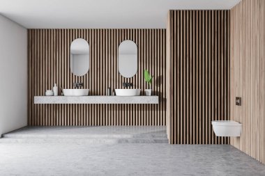 Açık ahşap banyo, çift lavabo ve tuvalet