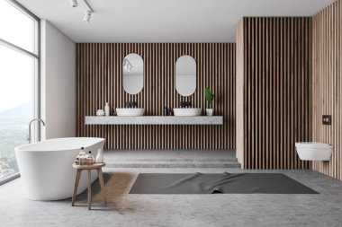Ahşap banyo iç, küvet, lavabo ve tuvalet