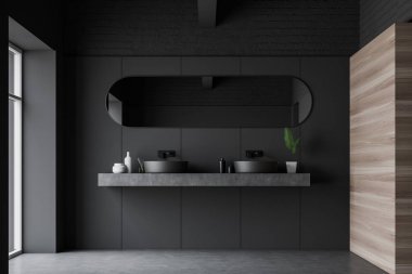 Çift lavabo ile gri ve ahşap banyo