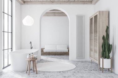 Beyaz banyo ve oturma odası iç
