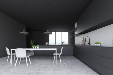 Gri ve beyaz mutfak iç, sayaç ve masa