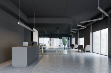 Gri ofis resepsiyon salonu ve toplantı odası