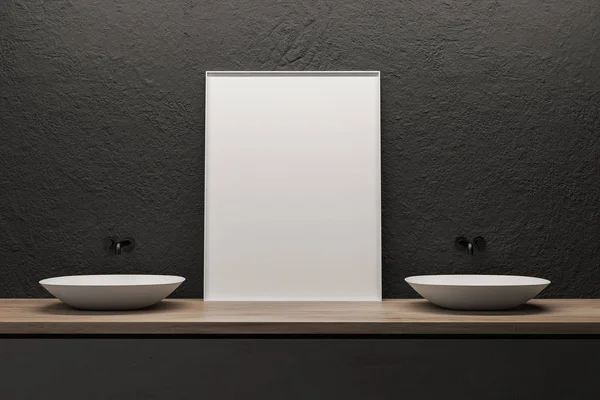 Double lavabo et affiche dans la salle de bain grise — Photo