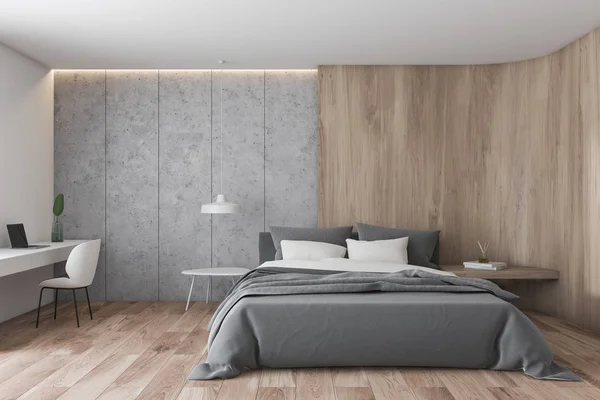 ホームオフィス付きのグレーと木製のベッドルーム — ストック写真