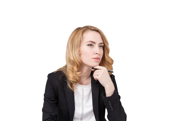 Thoughtful ginger business woman, isolated — Stock Photo, Image