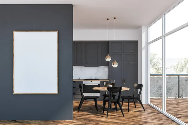 Gray and marble kitchen, balcony and poster