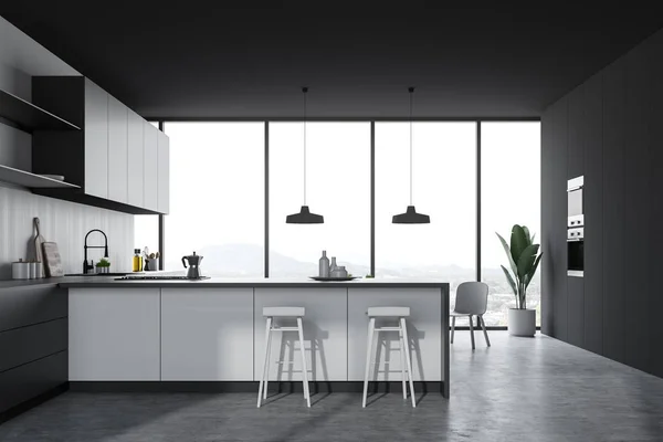 Interior de la cocina gris y blanca con barra — Foto de Stock