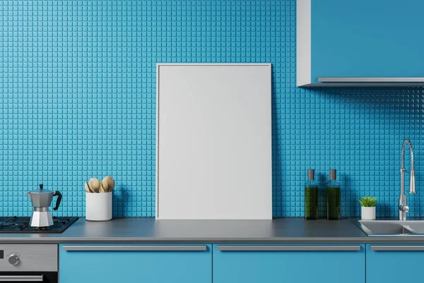 Mavi mutfak tezgahı üzerinde poster kadar Mock — Stok fotoğraf