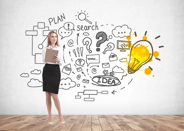 Dizüstü bilgisayar, iş fikri ile Pensive sarışın kadın