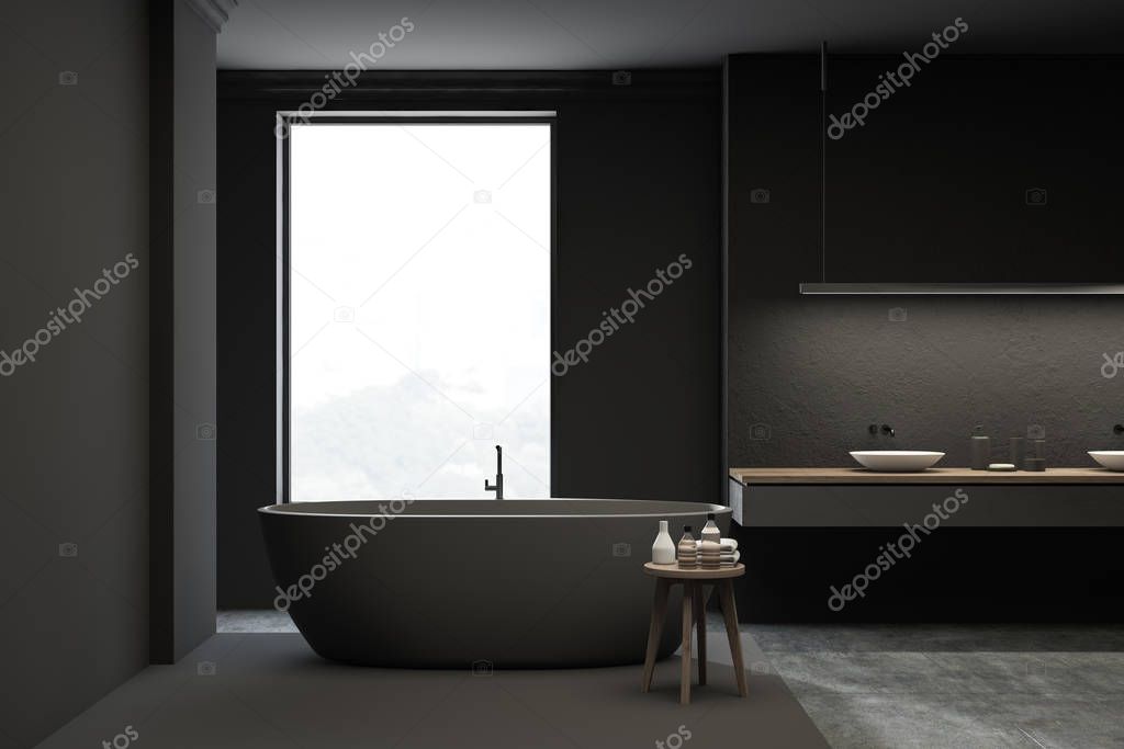 Loft grey bathroom interior, tub and sink