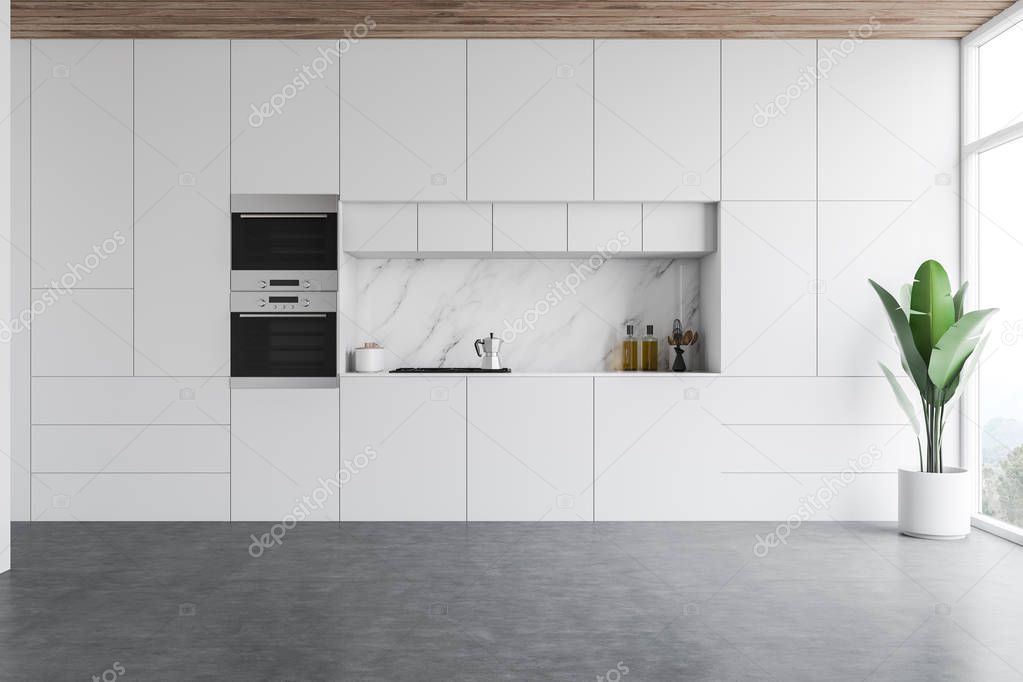 Minimalist white kitchen interior with countertops