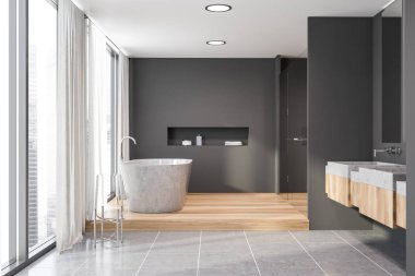 Kiremit zemin gri banyo, küvet ve çift lavabo