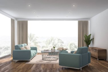 Beyaz oturma odası iç, mavi kanepe