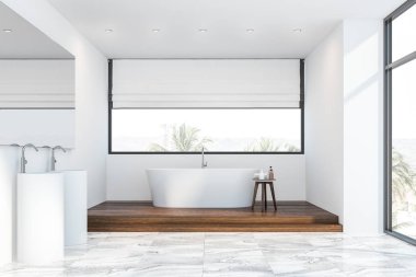 Küvet ve çift lavabo ile beyaz çatı banyo