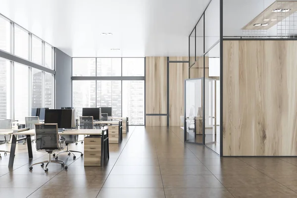 Ufficio open space grigio e legno con hall — Foto Stock