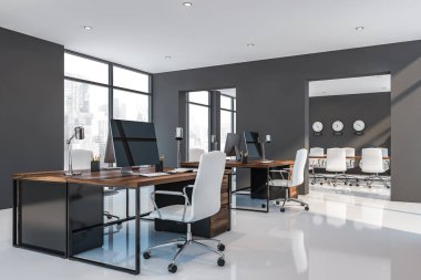 Gri açık alan ofis ve toplantı odası