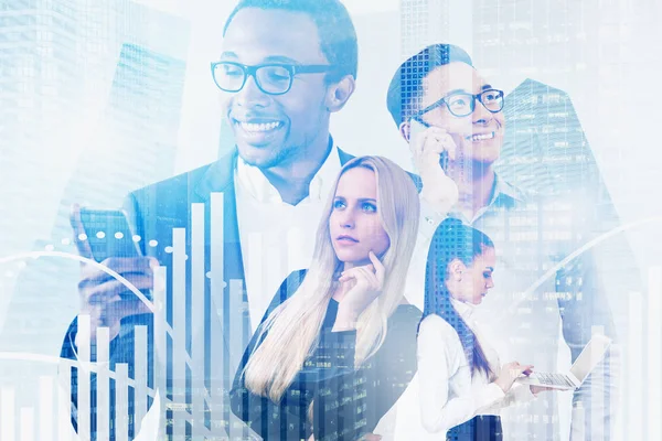 Diverse business team in city, graphs — Stock Photo, Image