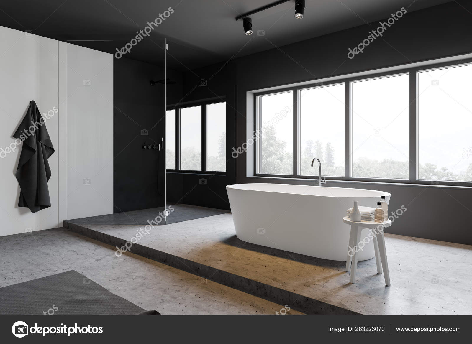 Gray And White Bathroom Corner Tub And Shower Stock Photo
