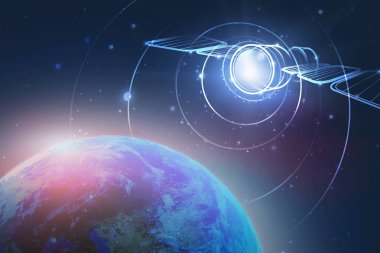 Dünya'nın üzerinde uydu hologramı. Iletişim