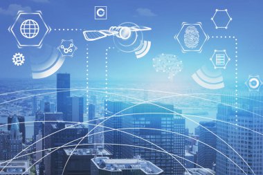 Mavi şehirde uydu ve internet simgeleri