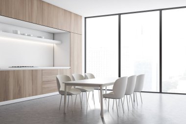 Beyaz ve ahşap mutfak köşesi, sayaç ve masa