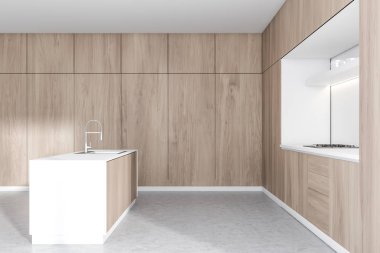 Ada ve sayaç ile beyaz ve ahşap mutfak