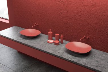Kırmızı banyoda çift lavabo yan görünümü
