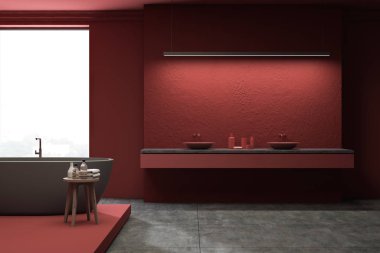 Loft kırmızı banyo, çift lavabo ve küvet