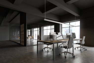 Gri açık alan ofis ve toplantı odası