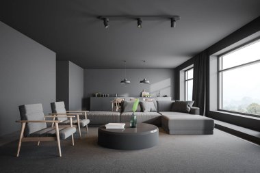 Gri oturma odası ve mutfak iç