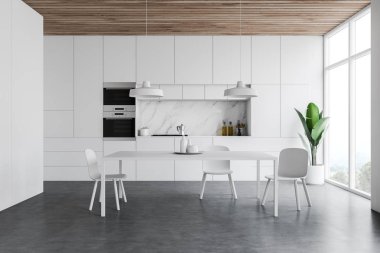 Beyaz mutfak iç, sayaçları ve masa