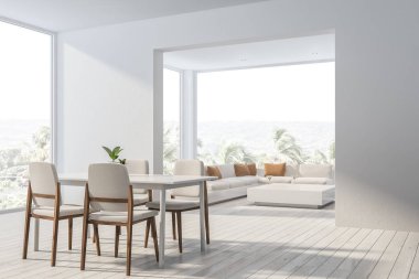 Kanepe ile beyaz yemek odası köşesi