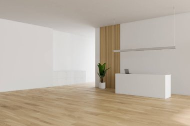 Resepsiyonlu beyaz ve ahşap ofis köşesi