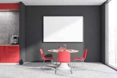 Masa ve poster ile kırmızı ve gri mutfak