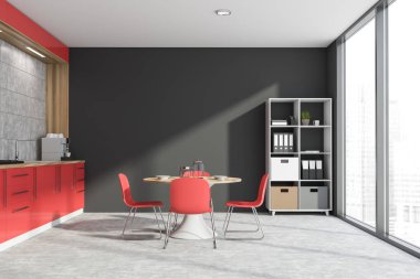 Kitaplıklı gri ve kırmızı mutfak