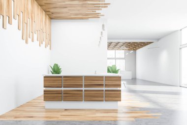 Beyaz ve ahşap ofis resepsiyonunun yan görünümü