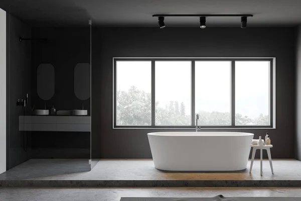 Intérieur salle de bain grise avec baignoire et douche — Photo