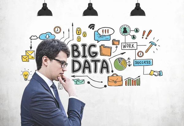 Pensive biznesmen i Big Data szkic — Zdjęcie stockowe