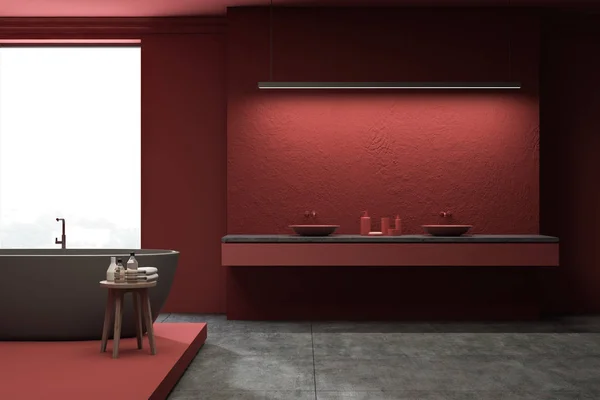 Loft czerwona łazienka, Podwójna umywalka i wanna — Zdjęcie stockowe