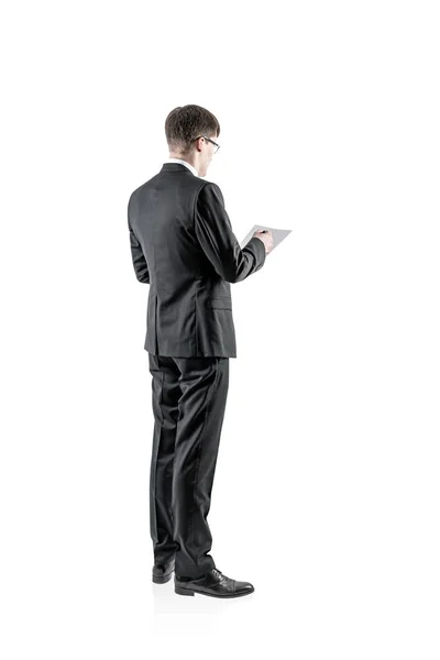 Businessman in glasses making notes, isolated — Stock Photo, Image