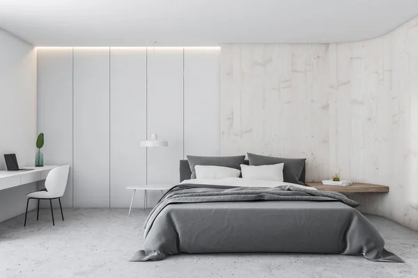 Дерев'яна і біла спальня з домашнім офісом — стокове фото