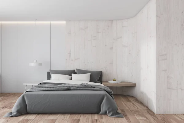Bílý a lehký dřevěný interiér ložnice — Stock fotografie